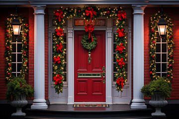 Fototapeta na wymiar Classic front door with Christmas decorations and garland. Selective focus
