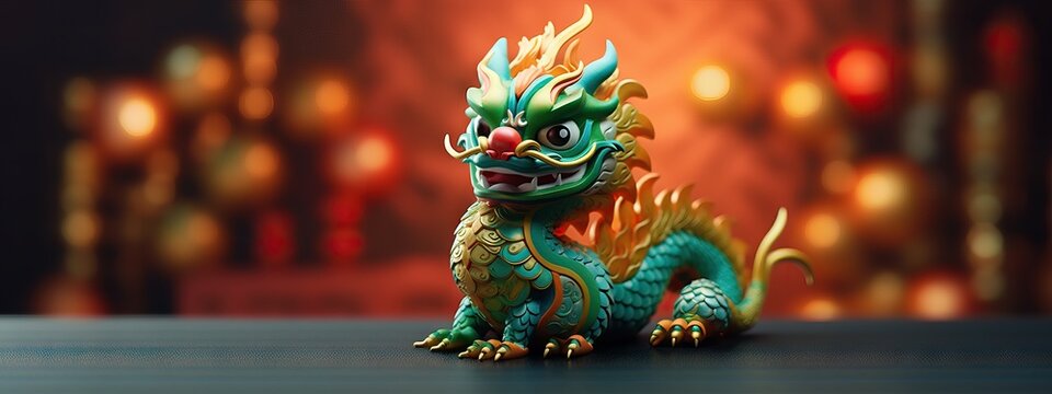 Green Chinese Dragon on blurred background. The year of the Dragon in China and Eastern Asia. One of the Chinese zodiac signs. New Year of the Dragon 2024