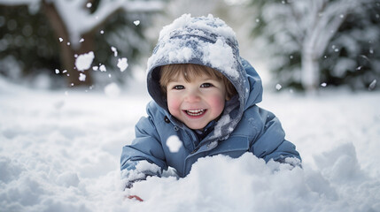 Fototapeta na wymiar Funny little boy in winter clothes walking during snowfall. Generative AI