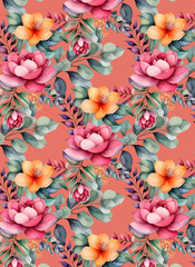  Seamless pattern with leaves and flowers on the pink color background