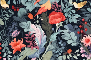 Colorful Birds in Acrylic on Midnight Blue, Acrylic Bird Illustration, Midnight Blue, Background, Colorful Avian Art, Bird and Flora, Artistic Composition, Wildlife Inspiration, Textile Pattern