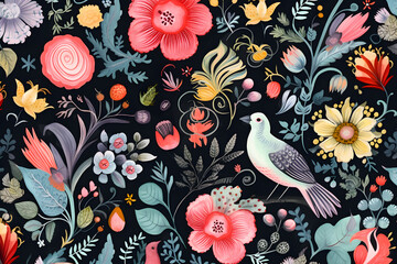 Colorful Birds in Acrylic on Midnight Blue, Acrylic Bird Illustration, Midnight Blue, Background, Colorful Avian Art, Bird and Flora, Artistic Composition, Wildlife Inspiration, Textile Pattern