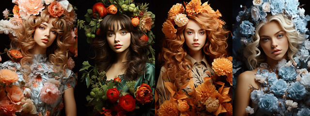 Collage withe portraits of young women dressed up in four seasons, spring, summer, fall and winter