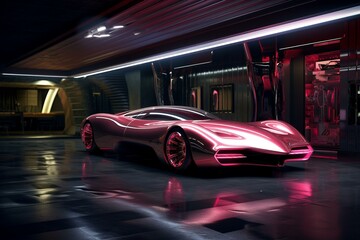 A sleek vehicle in a dimly lit garage featuring a floor reflection and a vibrant neon light, exuding a retrofuturistic vibe. Generative AI