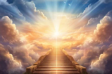 Foto op Canvas Illustration of a path to the horizon, an endless road to heaven with a glowing light from the eternal horizon. Represents an adventurous journey to an unknown place. Generative AI © Anthony