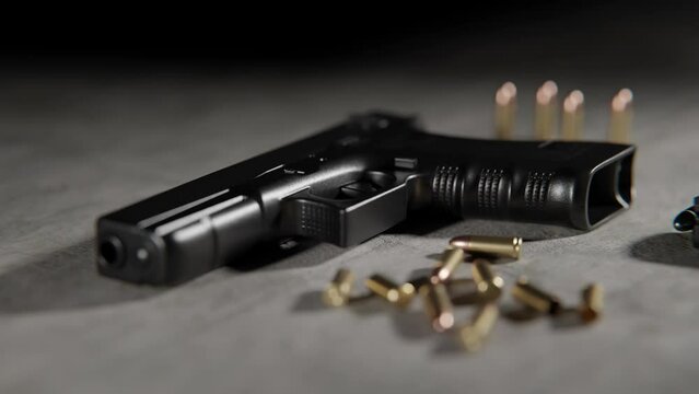 Close up shot of a CGI Handgun on the floor and bullets around it