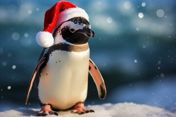 Festive penguin dons yuletide cheer. Generative AI - obrazy, fototapety, plakaty