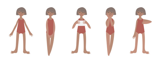 Five tanned European girls in swimsuits. Calm standing poses: thumbs up, piece of paper in hands. Tanned skin and blond hair. Vector illustration in flat style