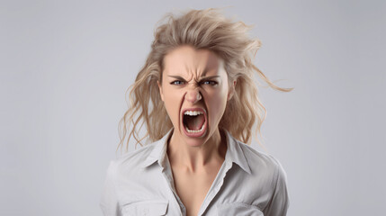Portrait of angry young woman screaming on grey background. Shouting and screaming.