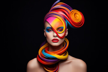 Fototapeta premium Avant-garde model posing in the studio with heavy make-up and in a scenic costume, hight fashion
