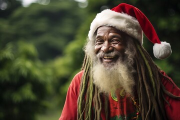 Smiling Black man with dreadlocks wearing Santa Claus hat with. Rasta Christmas concept