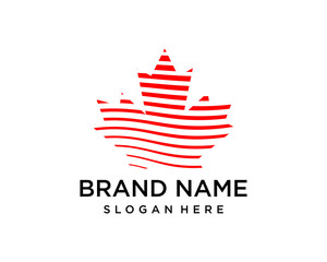 red maple leaf with line wave logo design template