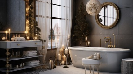 Chic bathroom with a modern holiday aesthetic, featuring geometric patterns, metallic accents, and scented candles.