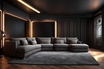 Sofa bed in modern home theater room, 3D render
