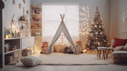Children's playroom transformed into a winter wonderland with toys surrounded by holiday-themed decorations.