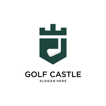 silhouette castle with golf stick logo design template