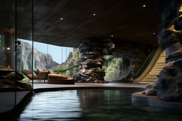 Indoor relaxation area adjoining pool with stunning natural scenery. Generative AI