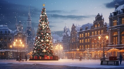 Fototapeta na wymiar City square surrounded by historic buildings with a towering Christmas tree covered in ornaments.