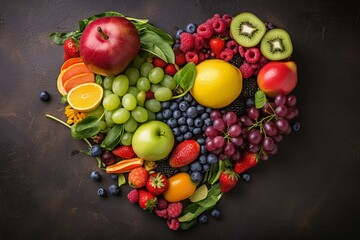 Image of a heart made from fruits and vegetables showcasing the importance of self-care through healthy eating. Nutrition, lifestyle. Generative AI