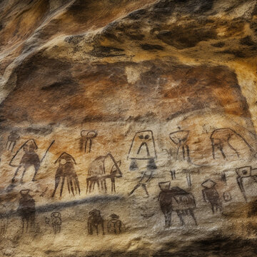 Ancient rock painting portraits of people, animals, hunting scenes, Neanderthals