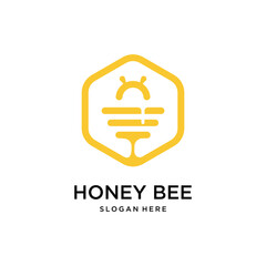 honey bee with hexagon logo design template - obrazy, fototapety, plakaty