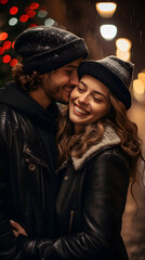 Young couple enjoying a walk in christmas market at a lovely night, close up portrait