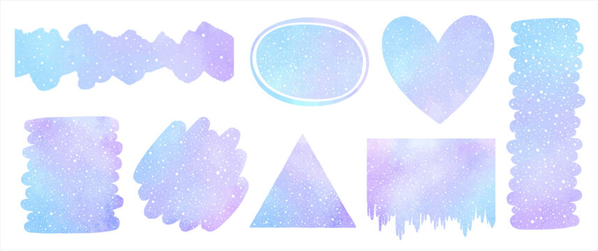 Watercolor vector snow backgrounds, shapes collection. Brush strokes, heart, triangle, uneven stripe, icsicles with splash, spray, hand drawn dots texture. Graphic design elements set, frame, border.