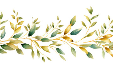 Fototapeta na wymiar Watercolor seamless border with green branches and leaves. Hand drawn illustration.