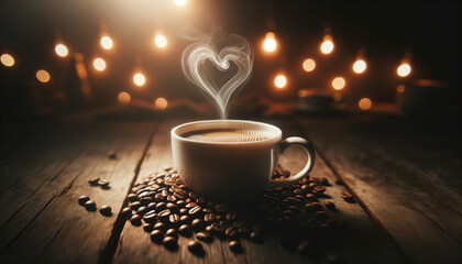 photo of cup of coffe with heat shaped like heart near coffee beans