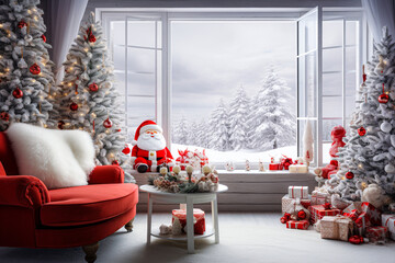 Obraz premium Christmas interior with red sofa, Christmas tree and gifts. Selective focus