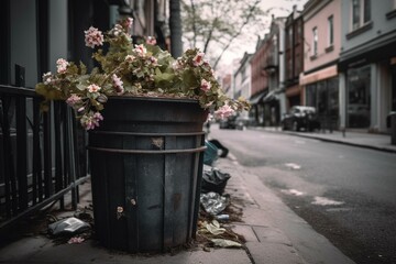 a decrepit garbage can on a deserted street with a bunch of blooming spring flowers growing amid trash. Generative AI