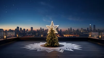 Tuinposter Rooftop garden with a panoramic view featuring a giant Christmas star against the night sky. © ZUBI CREATIONS