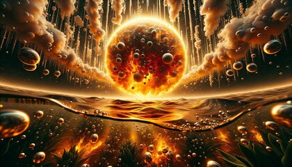 AI generated illustration of a huge fiery sphere above the sea