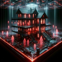 AI generated illustration of a haunted house in red lights