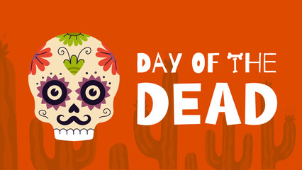 Mexican Day of the Dead holiday horizontal poster. Dia de Los Muertos national festival greeting card with colourful lettering and skull. Mexico traditional carnival banner vector eps design template