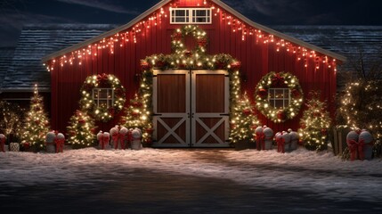 Obraz premium Traditional red barn adorned with strings of white lights and a massive wreath.