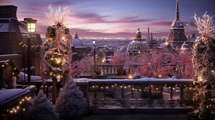 Tuinposter Urban rooftop garden transformed into a magical scene with LED-lit Christmas trees. © ZUBI CREATIONS