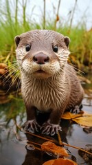 Fototapeta premium AI generated illustration of an otter standing in a body of water near a collection of autumn leaves