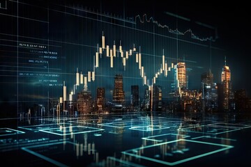 Glowing big data forex candlestick chart on blurry city background. Financial graph diagram. Currency and financial investment trade. Technology and analysis concept. Abstract cryptocurrency banner - obrazy, fototapety, plakaty