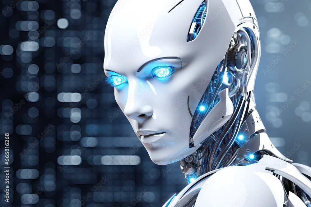 Poster white robot on blurred background. futuristic digital technology. artificial intelligence and roboti