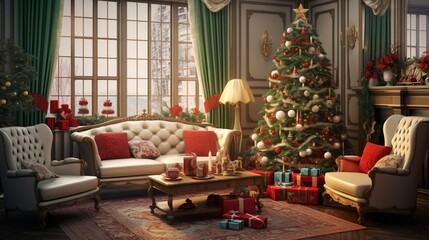 Vintage-inspired living room with classic Christmas decor, including retro ornaments and a tinsel-covered tree.