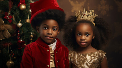 Portrait of a black boy and girl dressed up on christmas with suit, dress and crown. Generated with ai. - obrazy, fototapety, plakaty