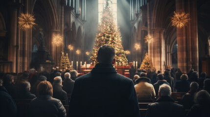 People in church at christmas night with beautiful christmas tree, generated with ai.