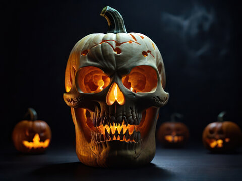 Scarry human skull curved out of halloween pumpkin as Jack-o-Lantern on black background