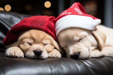 Two Labrador puppies in a Santa hat are sleeping on the sofa. Christmas card, New Year calendar