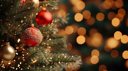 Obraz na płótnie Canvas Festive Christmas tree adorned with red and silver ornaments, AI-generated.