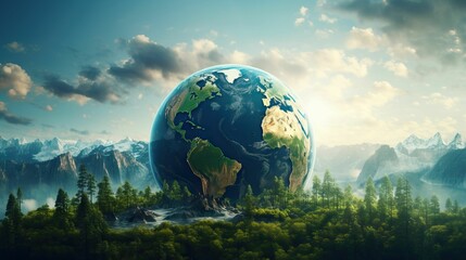 Naklejka premium AI-generated illustration of a small globe surrounded by trees in front of a mountainous backdrop