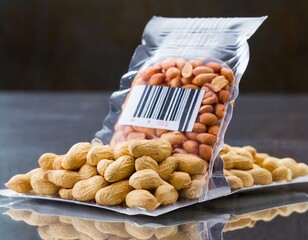 Peanut in plastic package with barcode - obrazy, fototapety, plakaty