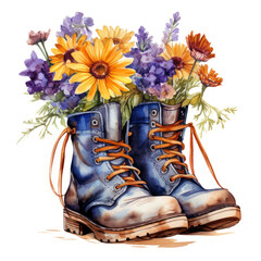 Bouquet of wildflowers in boots, watercolor illustration
