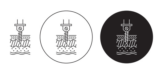 well drilling thin line icon set. deep ground water borehole vector symbol. artesian well sign in black and white color - obrazy, fototapety, plakaty